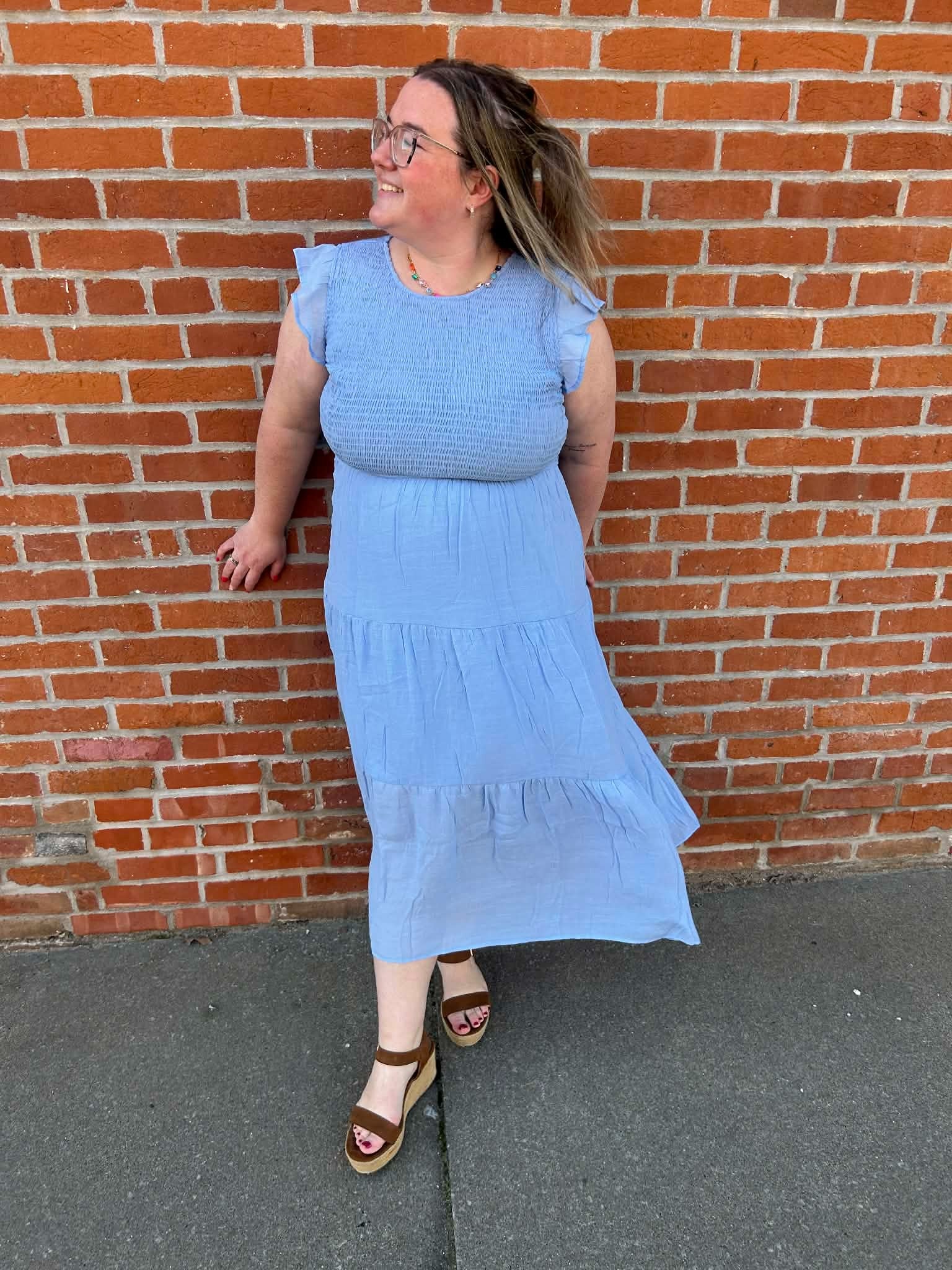 smocked chambray dress Kayleen Bodice Maxi Dress, Medium SMOCKED FRONT TIE PUFF SLEEVE